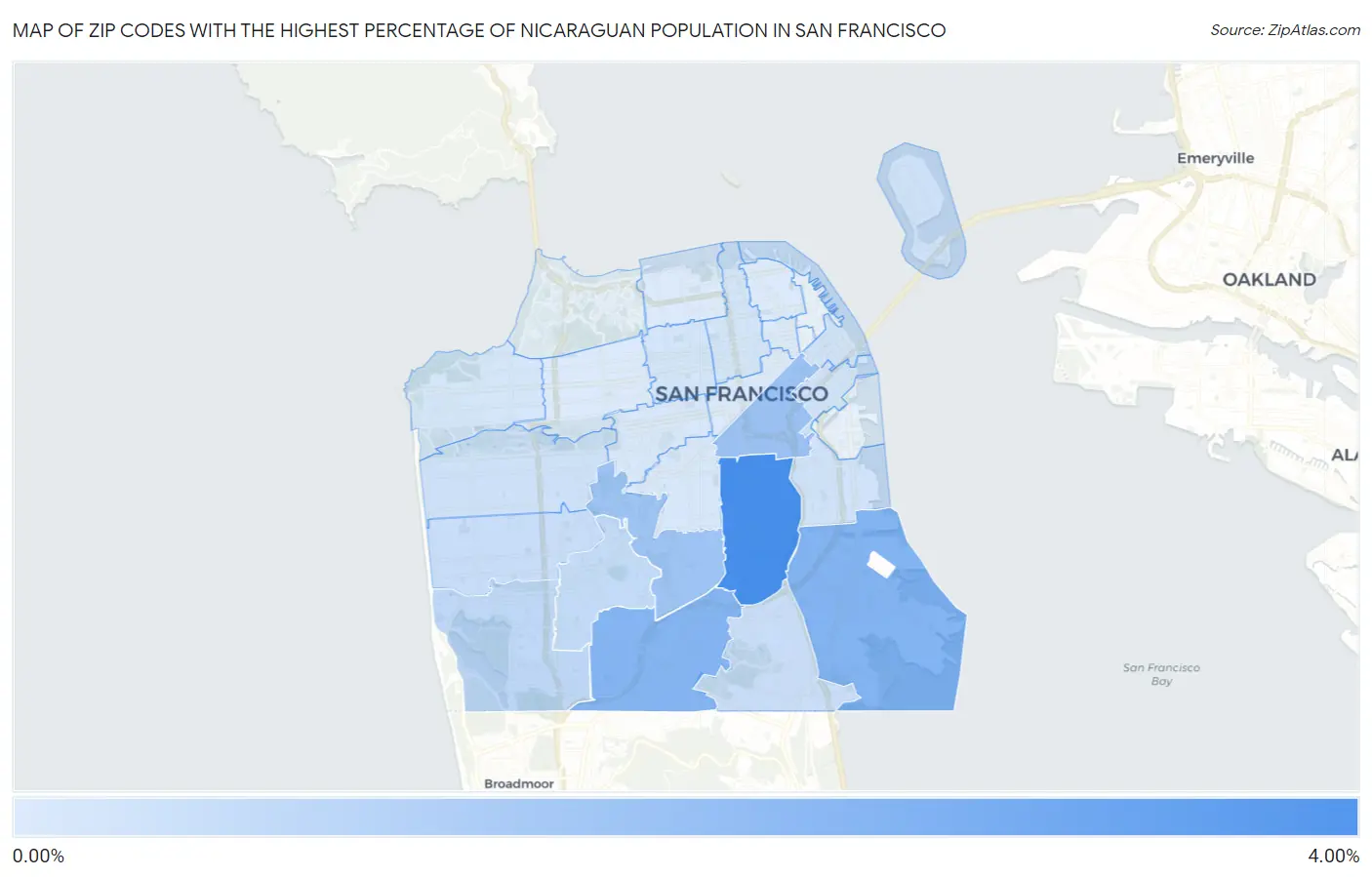 Zip Codes with the Highest Percentage of Nicaraguan Population in San Francisco Map