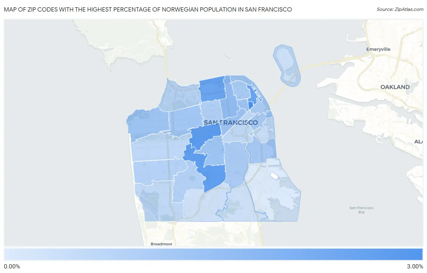 Zip Codes with the Highest Percentage of Norwegian Population in San Francisco Map
