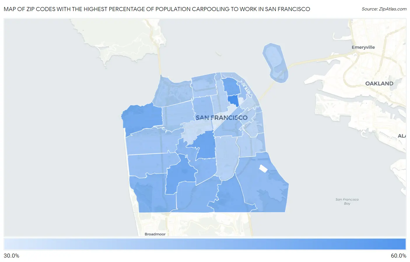 Zip Codes with the Highest Percentage of Population Carpooling to Work in San Francisco Map