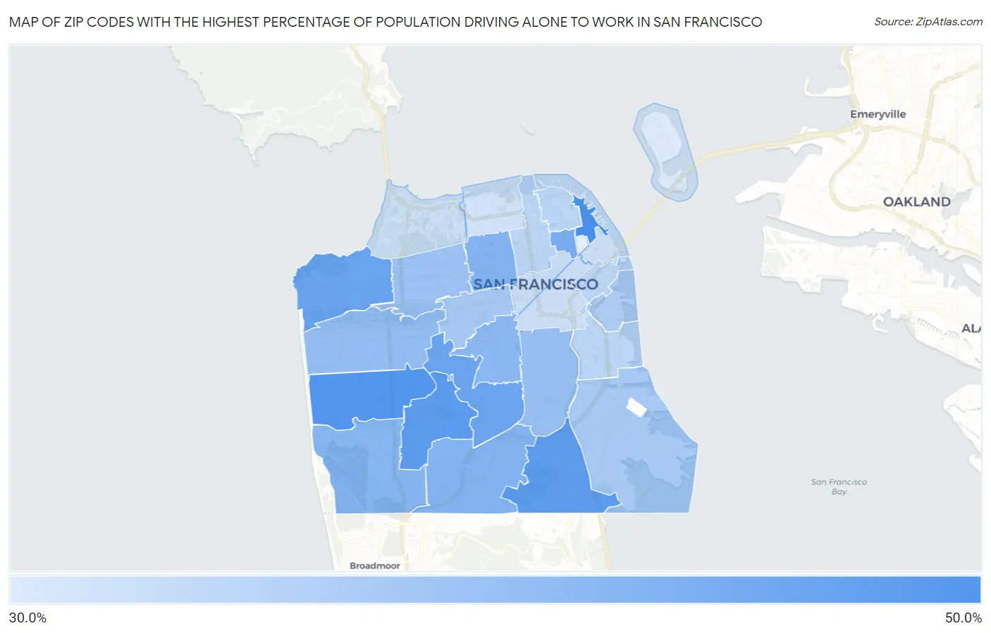 Zip Codes with the Highest Percentage of Population Driving Alone to Work in San Francisco Map