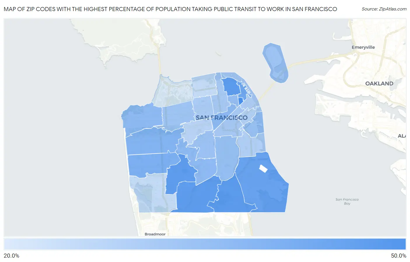 Zip Codes with the Highest Percentage of Population Taking Public Transit to Work in San Francisco Map