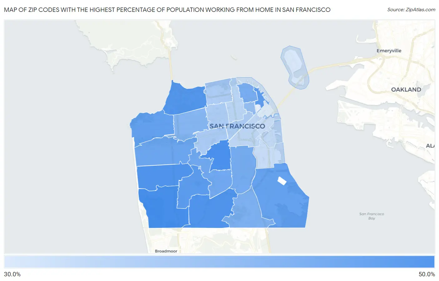 Zip Codes with the Highest Percentage of Population Working from Home in San Francisco Map