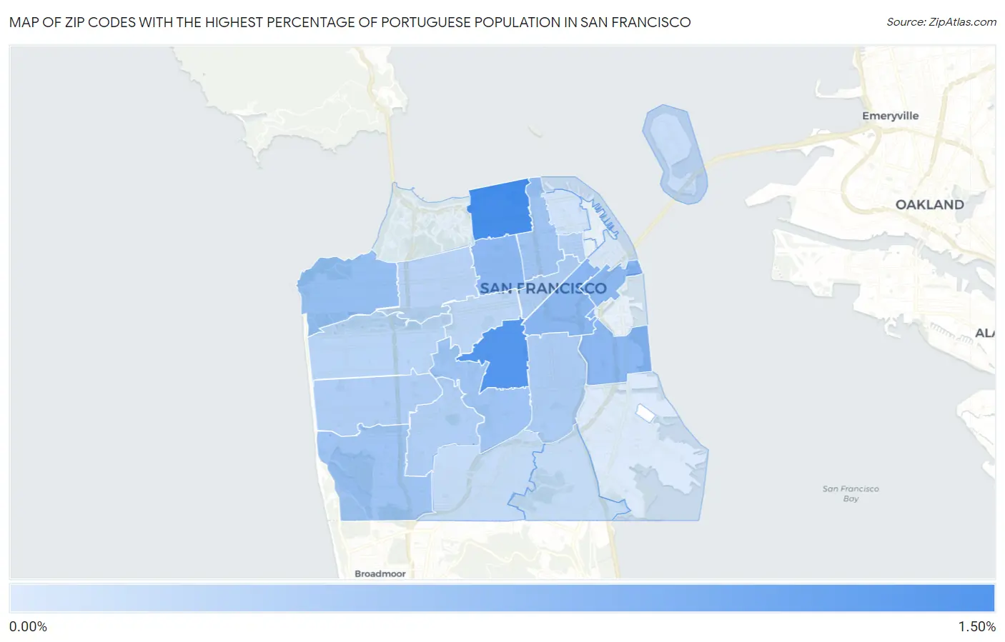 Zip Codes with the Highest Percentage of Portuguese Population in San Francisco Map