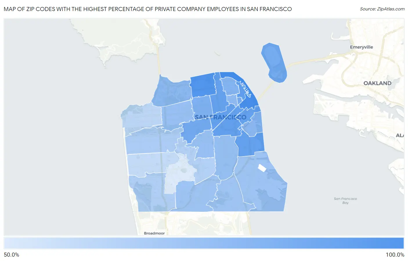 Zip Codes with the Highest Percentage of Private Company Employees in San Francisco Map