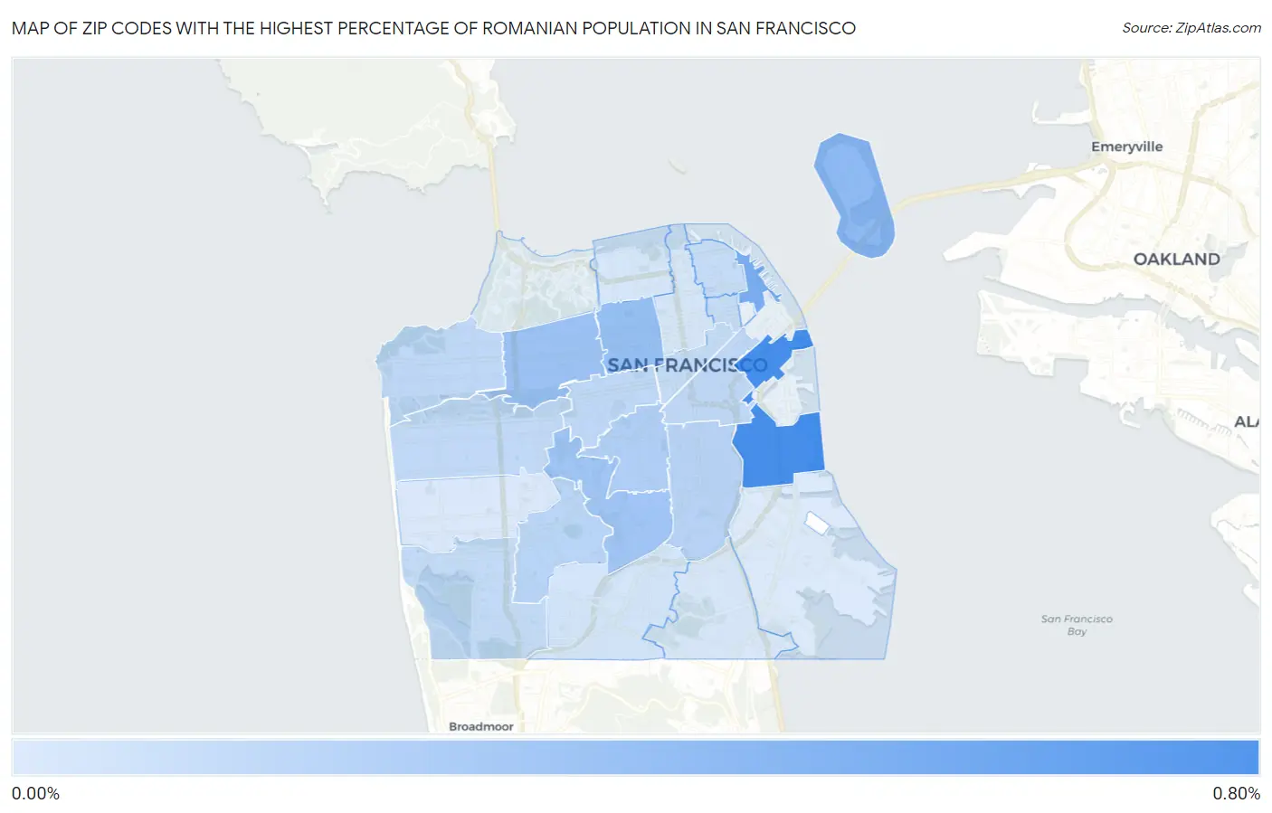 Zip Codes with the Highest Percentage of Romanian Population in San Francisco Map