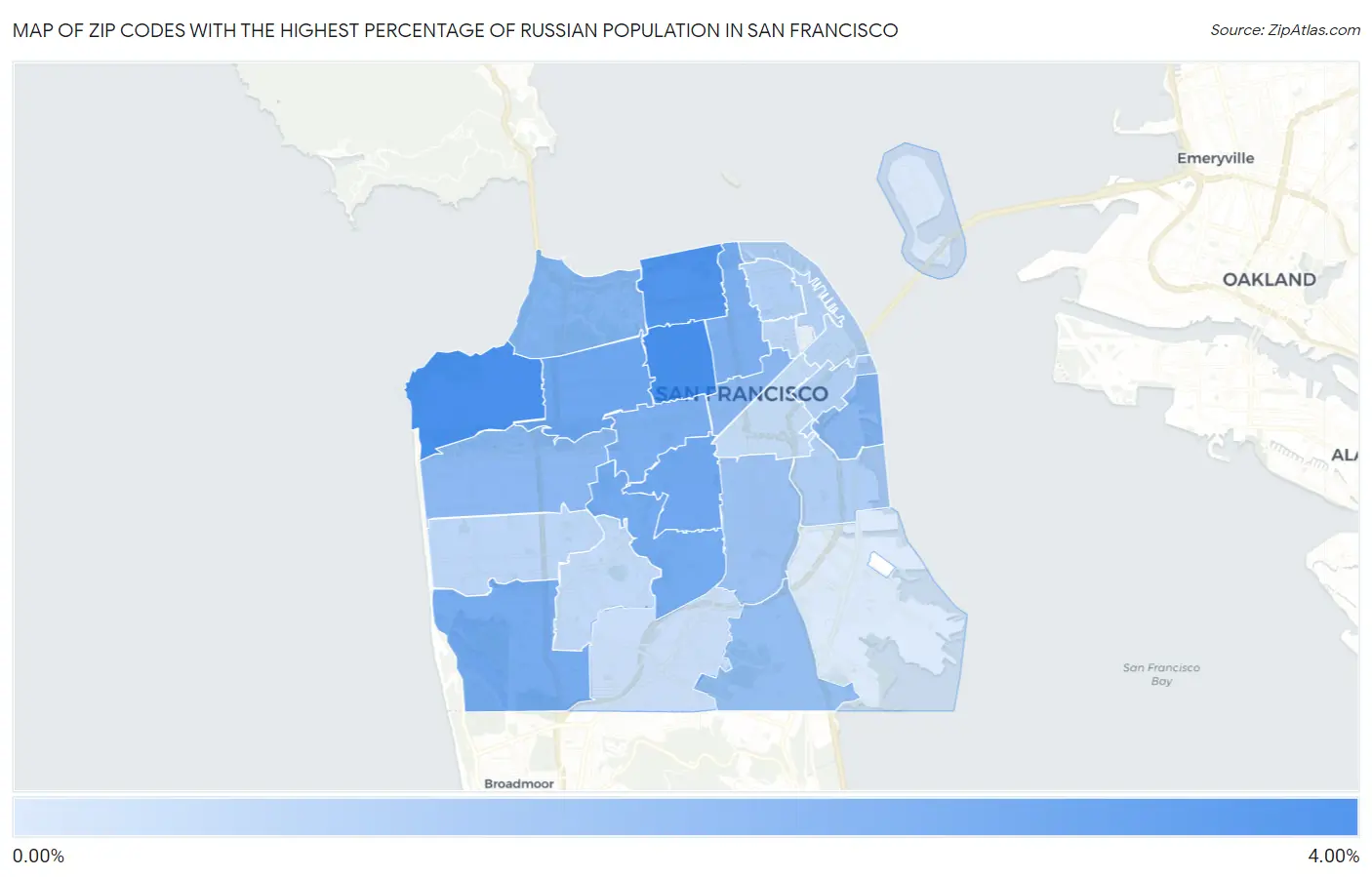 Zip Codes with the Highest Percentage of Russian Population in San Francisco Map