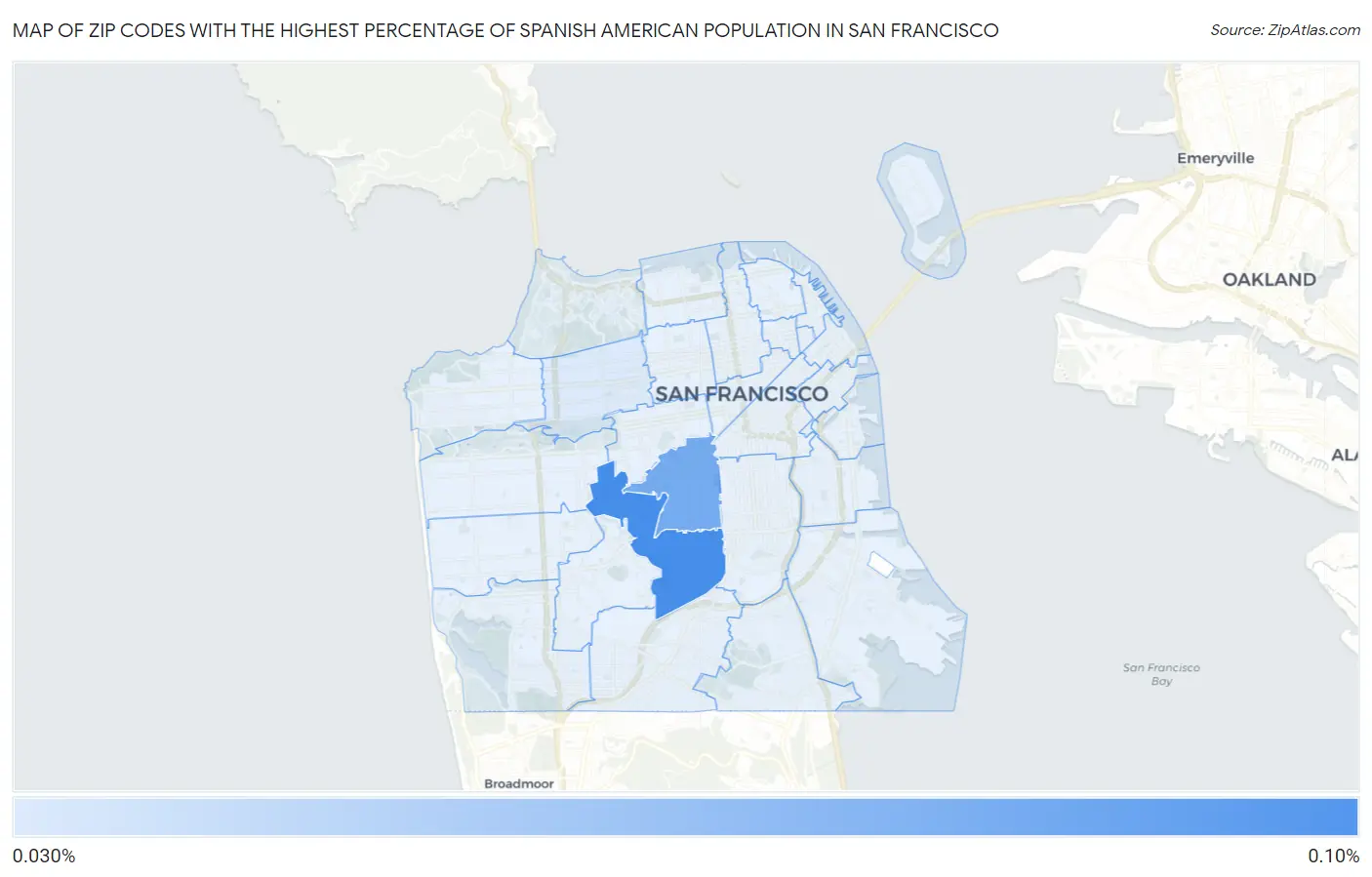 Zip Codes with the Highest Percentage of Spanish American Population in San Francisco Map