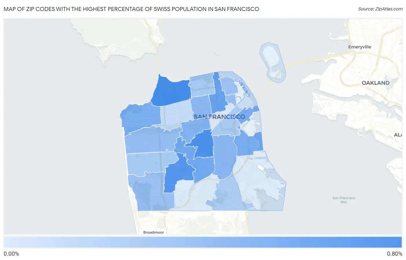 Zip Codes with the Highest Percentage of Swiss Population in San Francisco Map