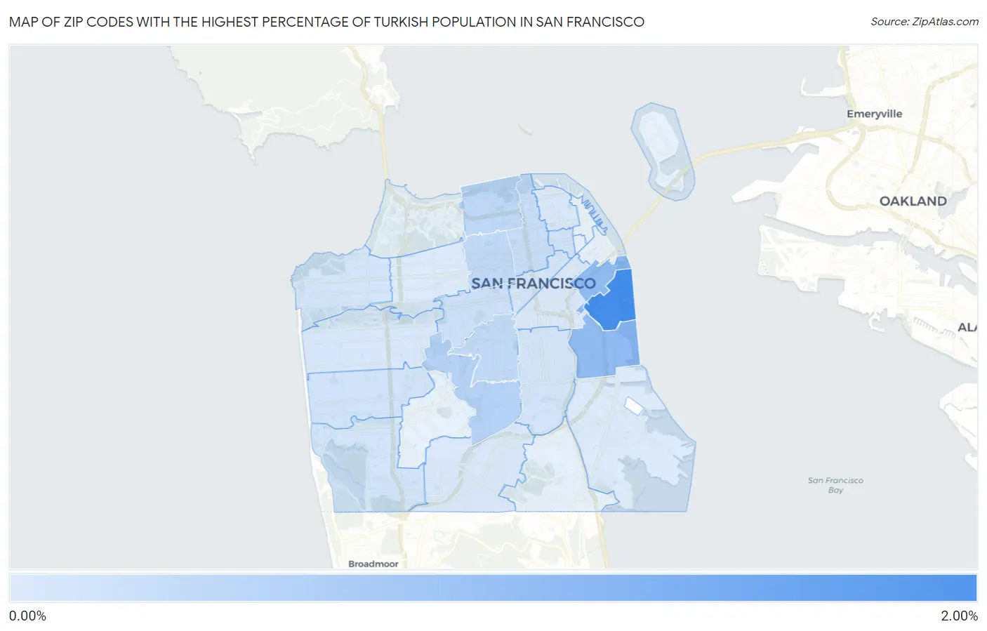 Zip Codes with the Highest Percentage of Turkish Population in San Francisco Map