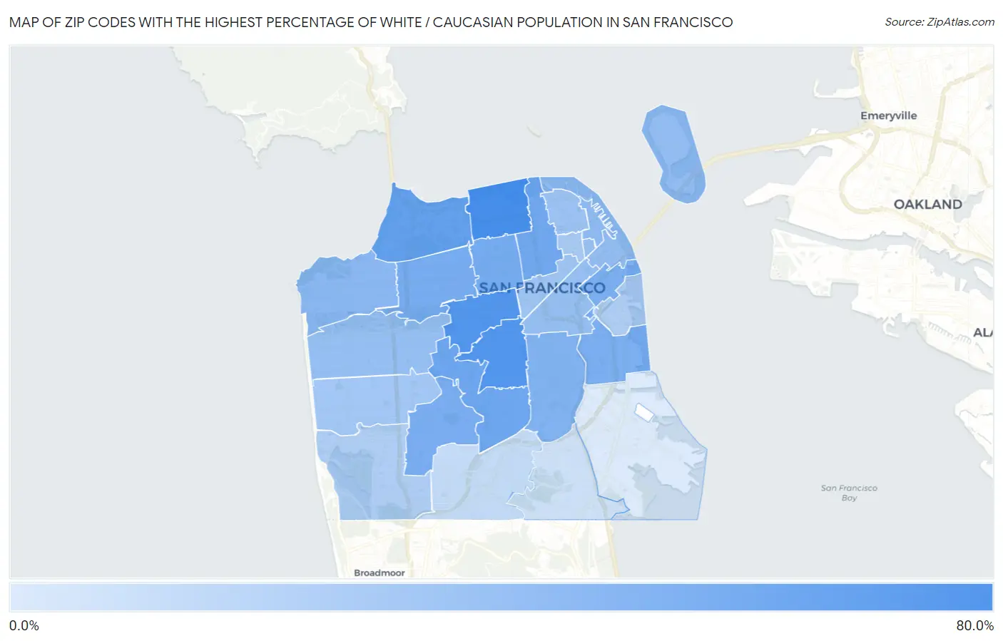 Zip Codes with the Highest Percentage of White / Caucasian Population in San Francisco Map