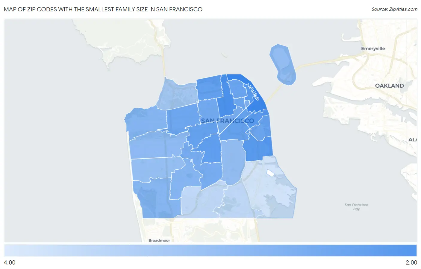 Zip Codes with the Smallest Family Size in San Francisco Map