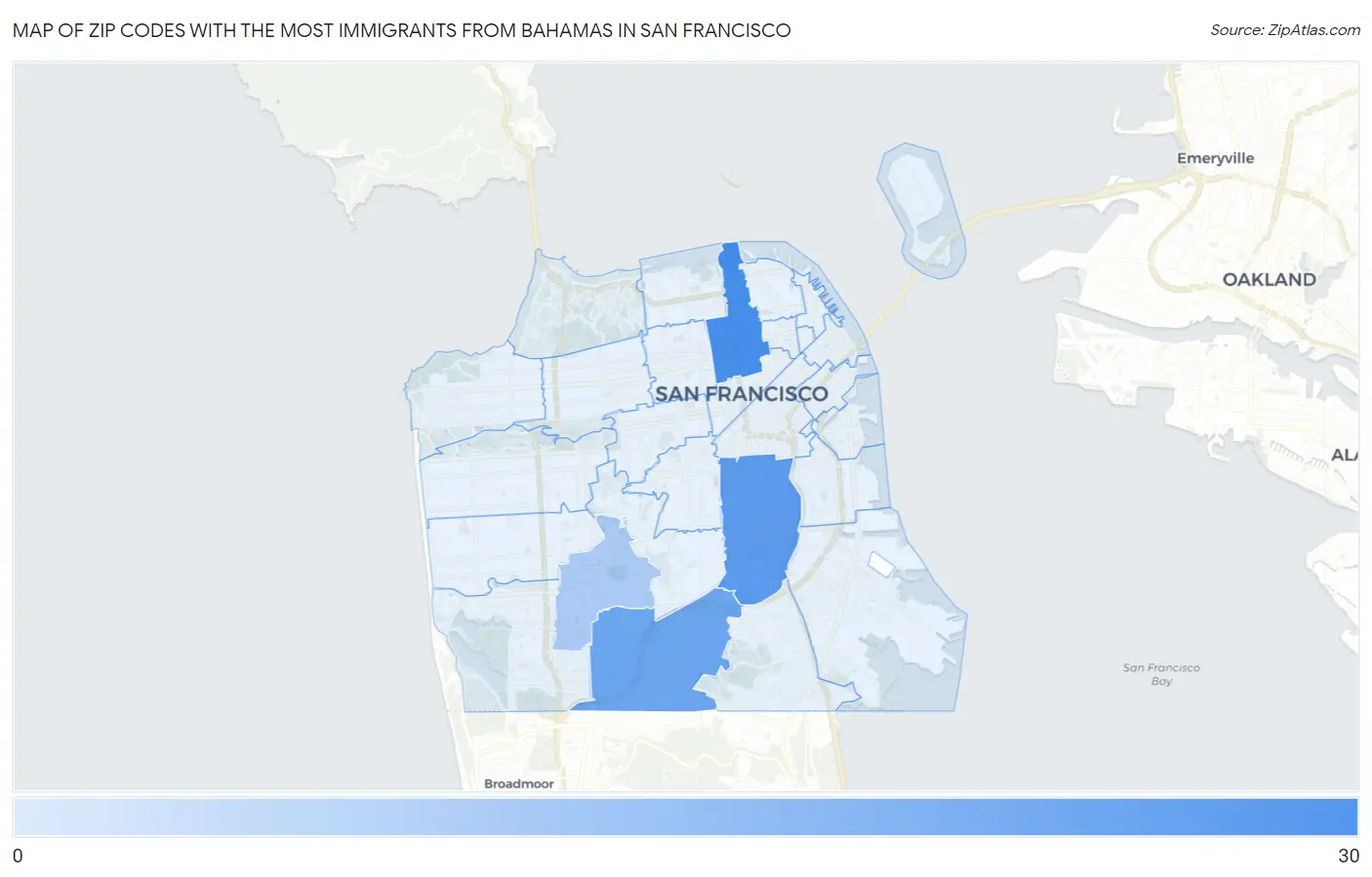 Zip Codes with the Most Immigrants from Bahamas in San Francisco Map