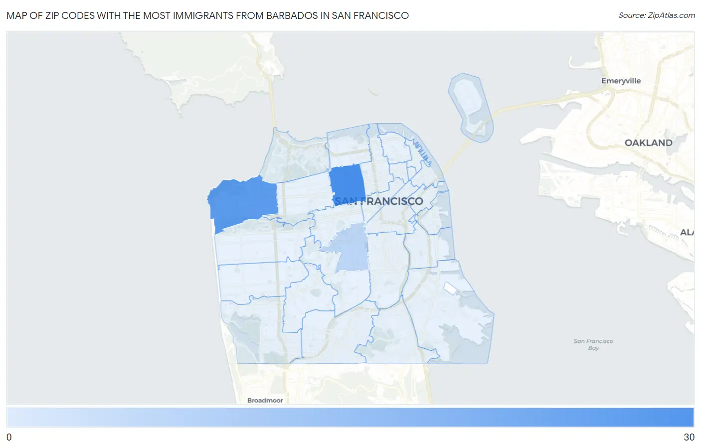 Zip Codes with the Most Immigrants from Barbados in San Francisco Map