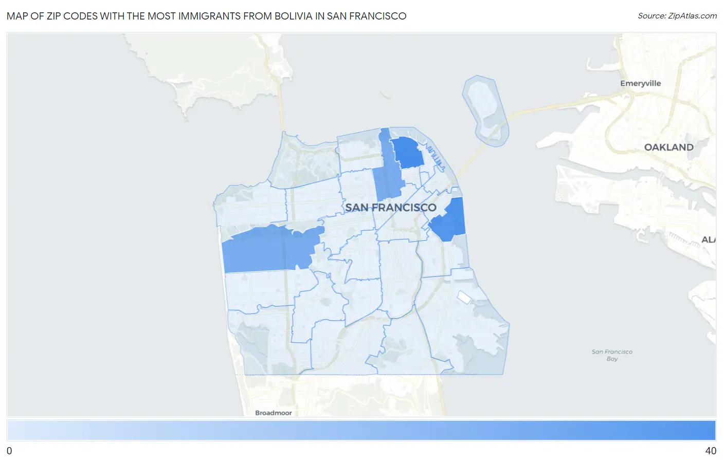 Zip Codes with the Most Immigrants from Bolivia in San Francisco Map