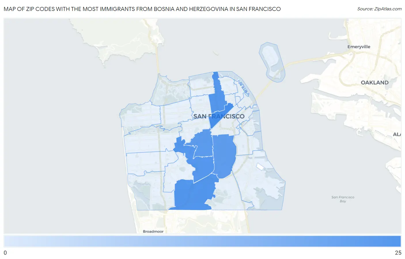 Zip Codes with the Most Immigrants from Bosnia and Herzegovina in San Francisco Map