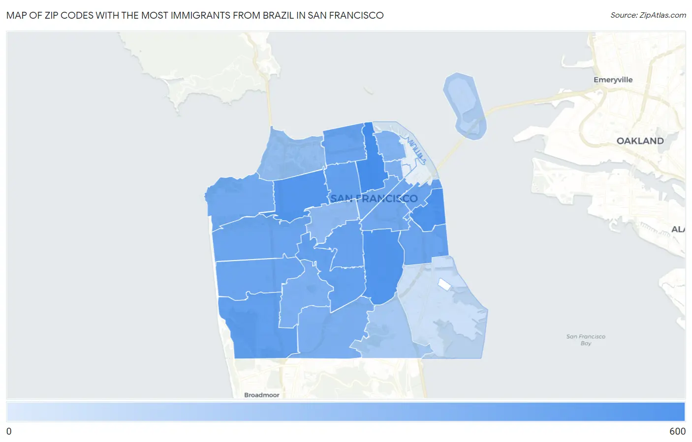 Zip Codes with the Most Immigrants from Brazil in San Francisco Map