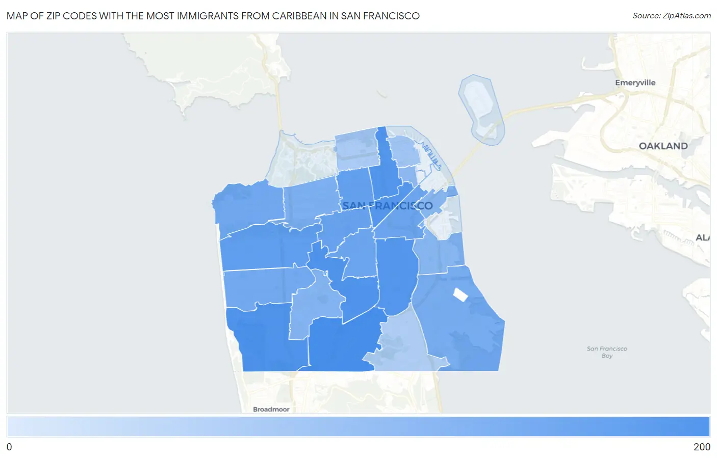 Zip Codes with the Most Immigrants from Caribbean in San Francisco Map