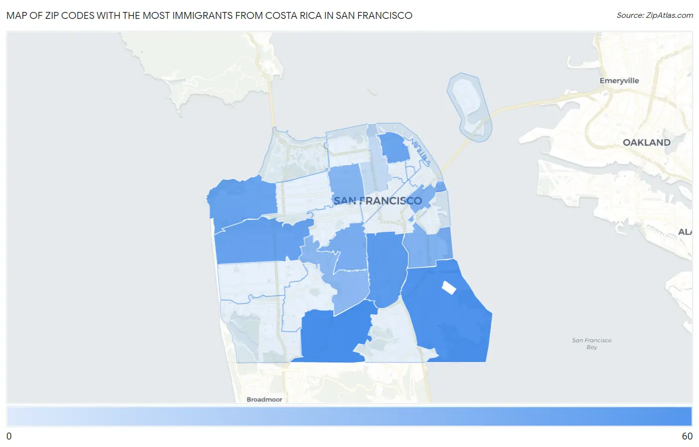 Zip Codes with the Most Immigrants from Costa Rica in San Francisco Map