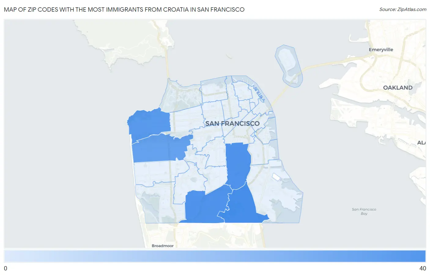 Zip Codes with the Most Immigrants from Croatia in San Francisco Map