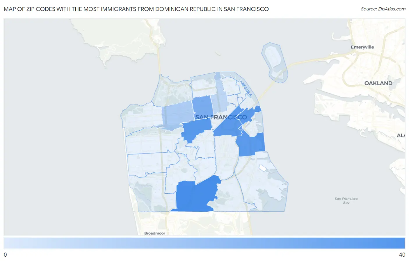 Zip Codes with the Most Immigrants from Dominican Republic in San Francisco Map