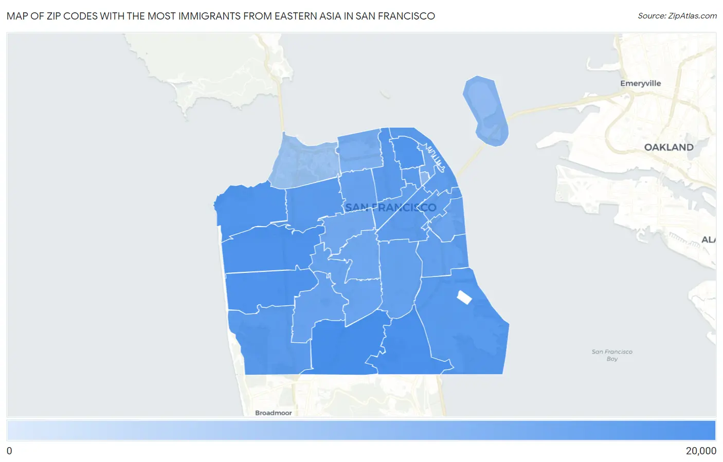 Zip Codes with the Most Immigrants from Eastern Asia in San Francisco Map
