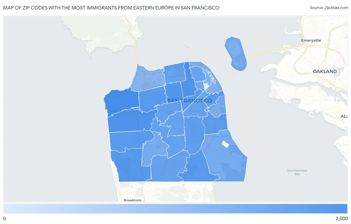 Zip Codes with the Most Immigrants from Eastern Europe in San Francisco Map