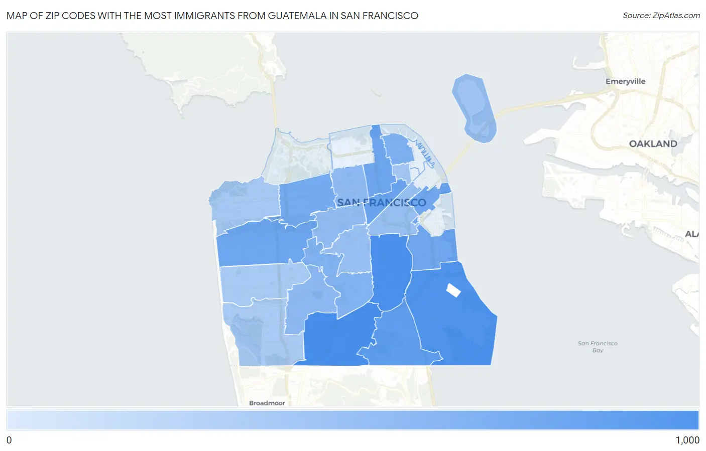 Zip Codes with the Most Immigrants from Guatemala in San Francisco Map