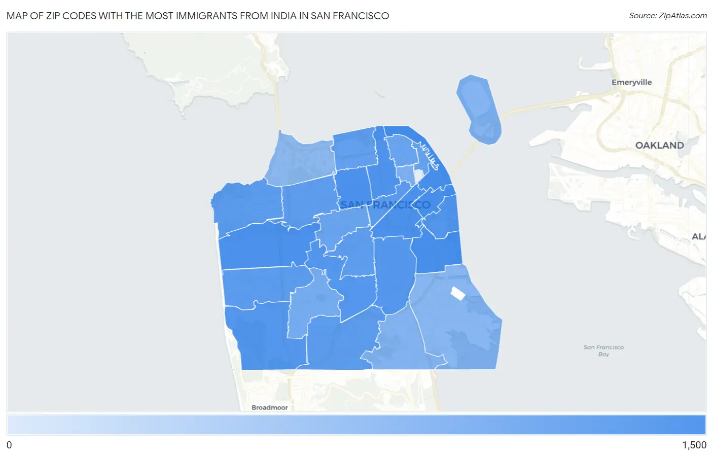 Zip Codes with the Most Immigrants from India in San Francisco Map