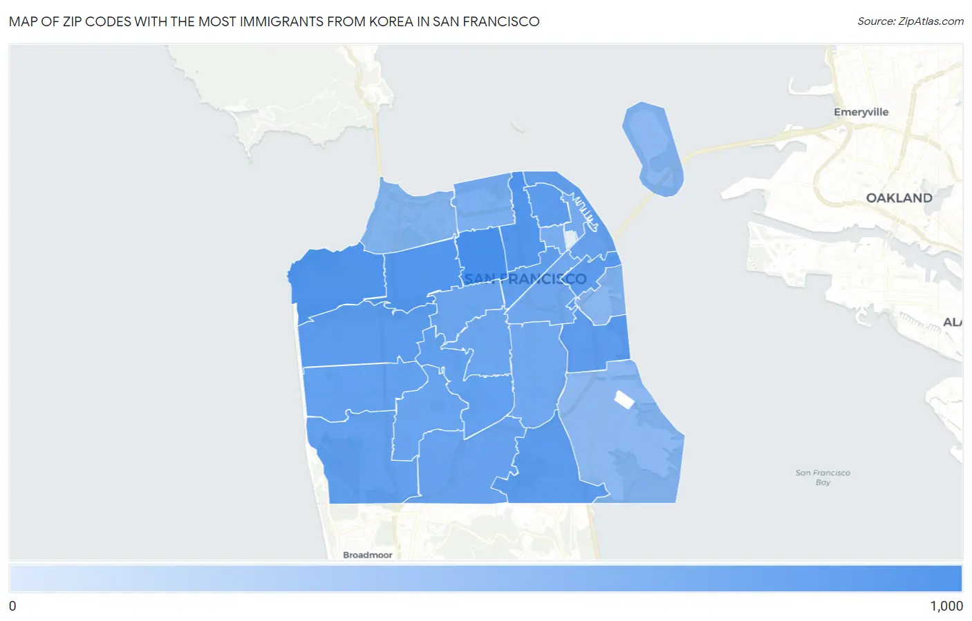Zip Codes with the Most Immigrants from Korea in San Francisco Map