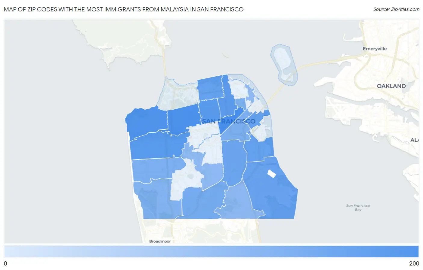 Zip Codes with the Most Immigrants from Malaysia in San Francisco Map