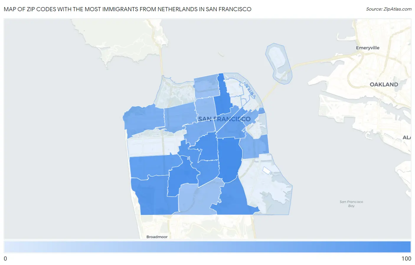 Zip Codes with the Most Immigrants from Netherlands in San Francisco Map