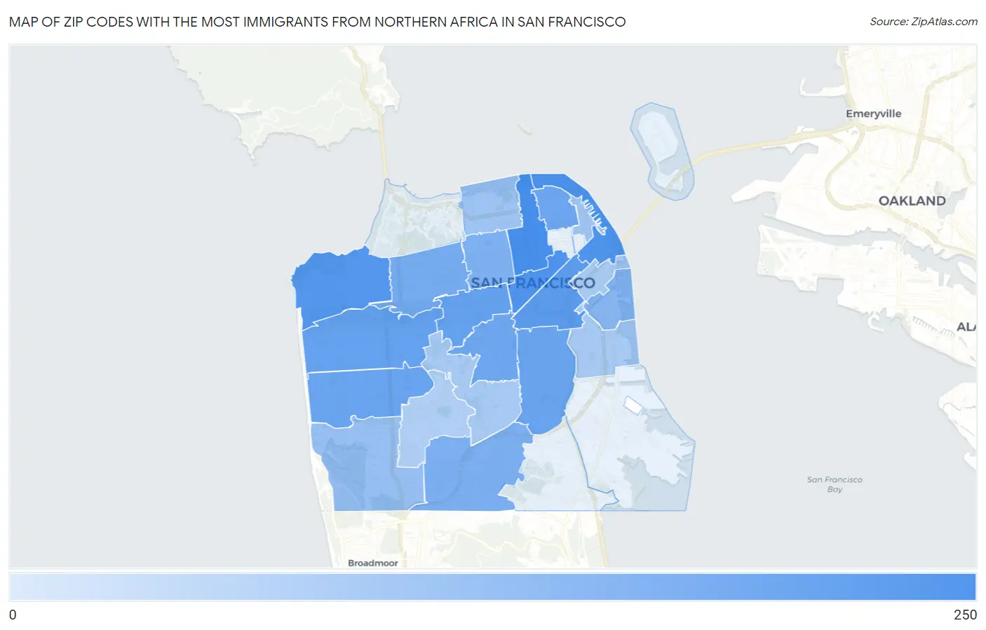 Zip Codes with the Most Immigrants from Northern Africa in San Francisco Map
