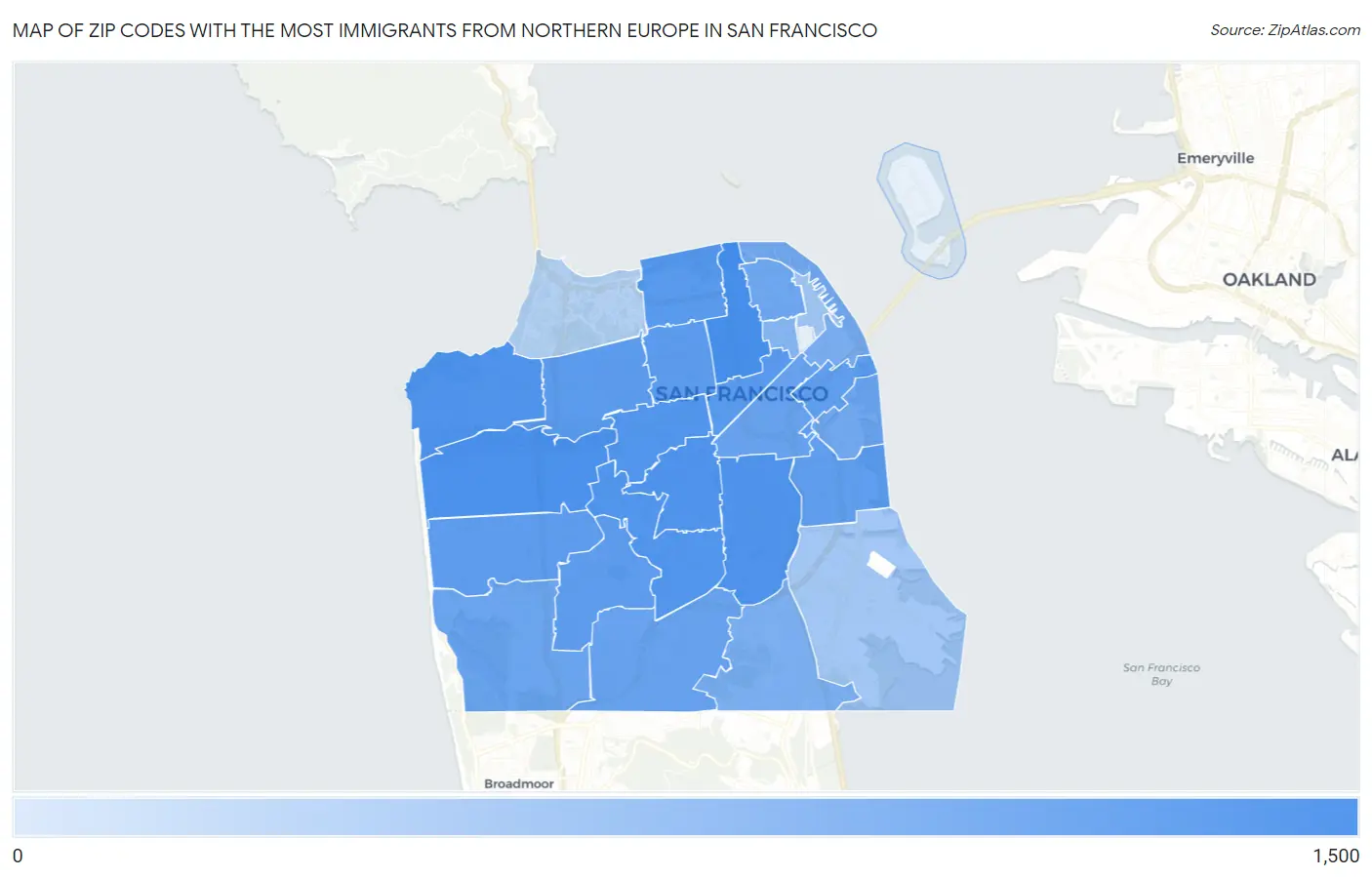Zip Codes with the Most Immigrants from Northern Europe in San Francisco Map