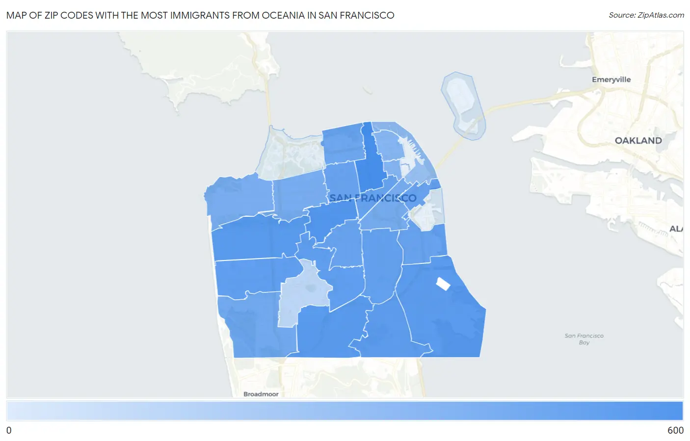 Zip Codes with the Most Immigrants from Oceania in San Francisco Map