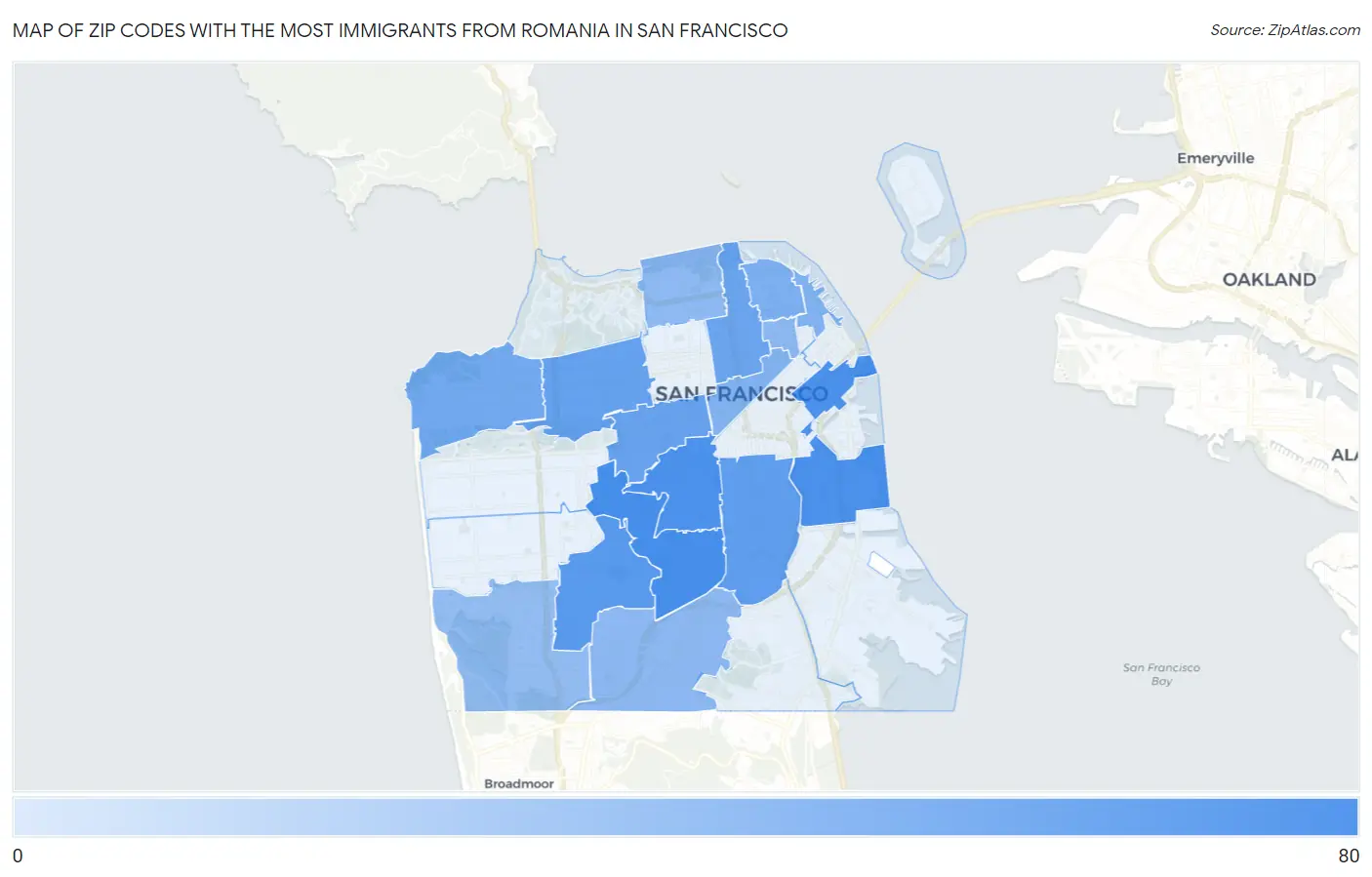 Zip Codes with the Most Immigrants from Romania in San Francisco Map