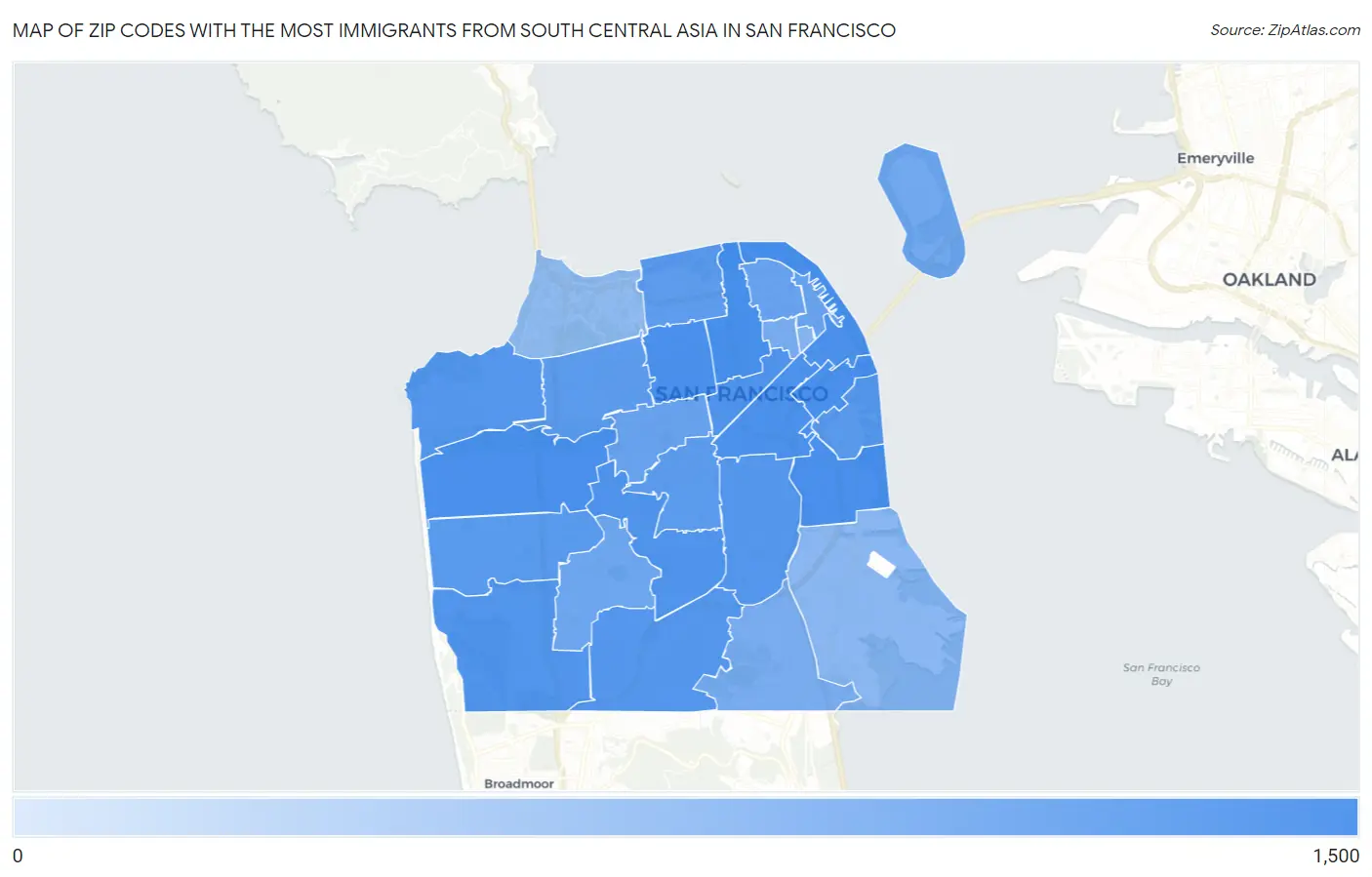 Zip Codes with the Most Immigrants from South Central Asia in San Francisco Map
