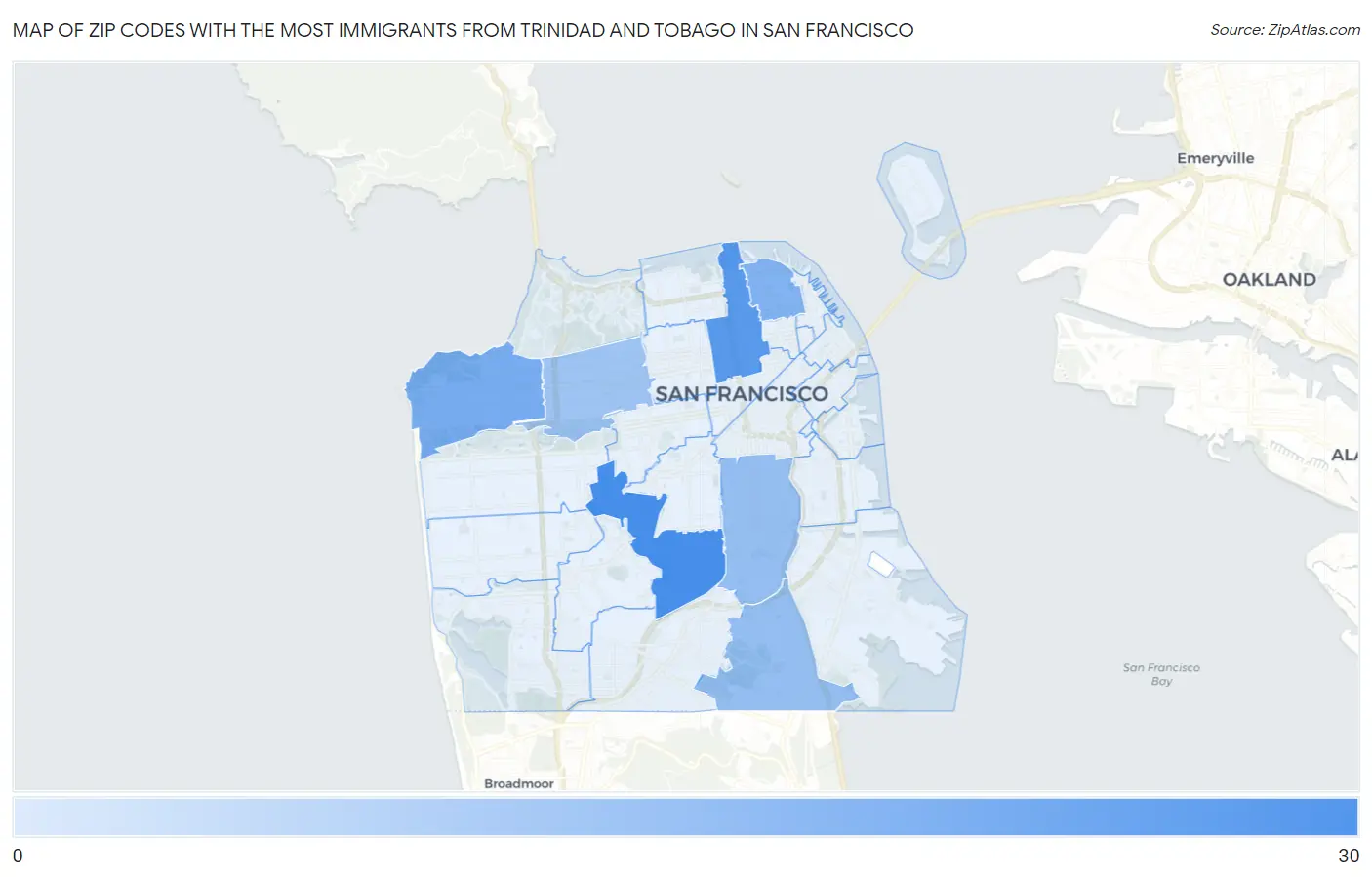Zip Codes with the Most Immigrants from Trinidad and Tobago in San Francisco Map