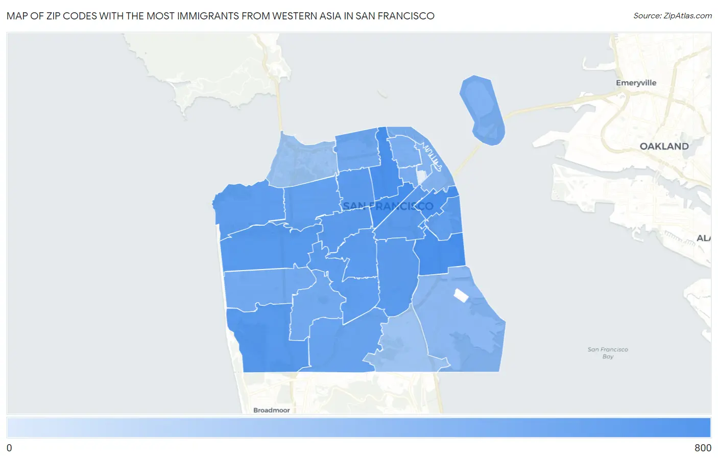 Zip Codes with the Most Immigrants from Western Asia in San Francisco Map