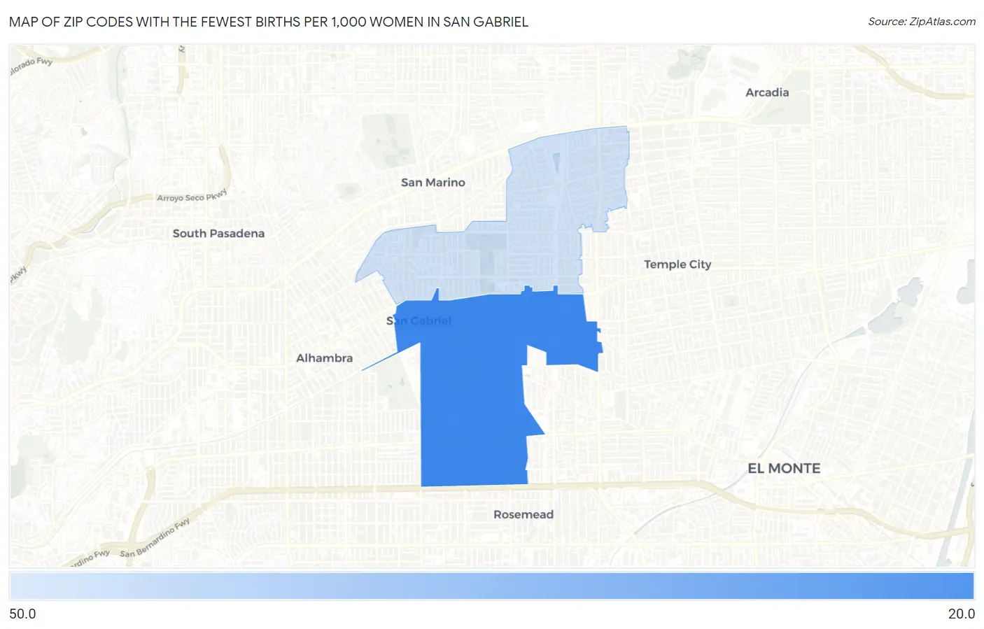 Zip Codes with the Fewest Births per 1,000 Women in San Gabriel Map