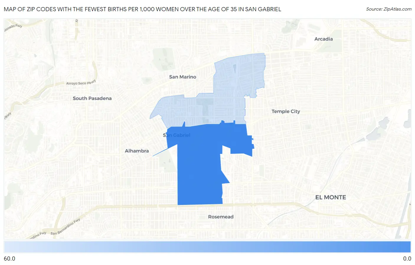 Zip Codes with the Fewest Births per 1,000 Women Over the Age of 35 in San Gabriel Map
