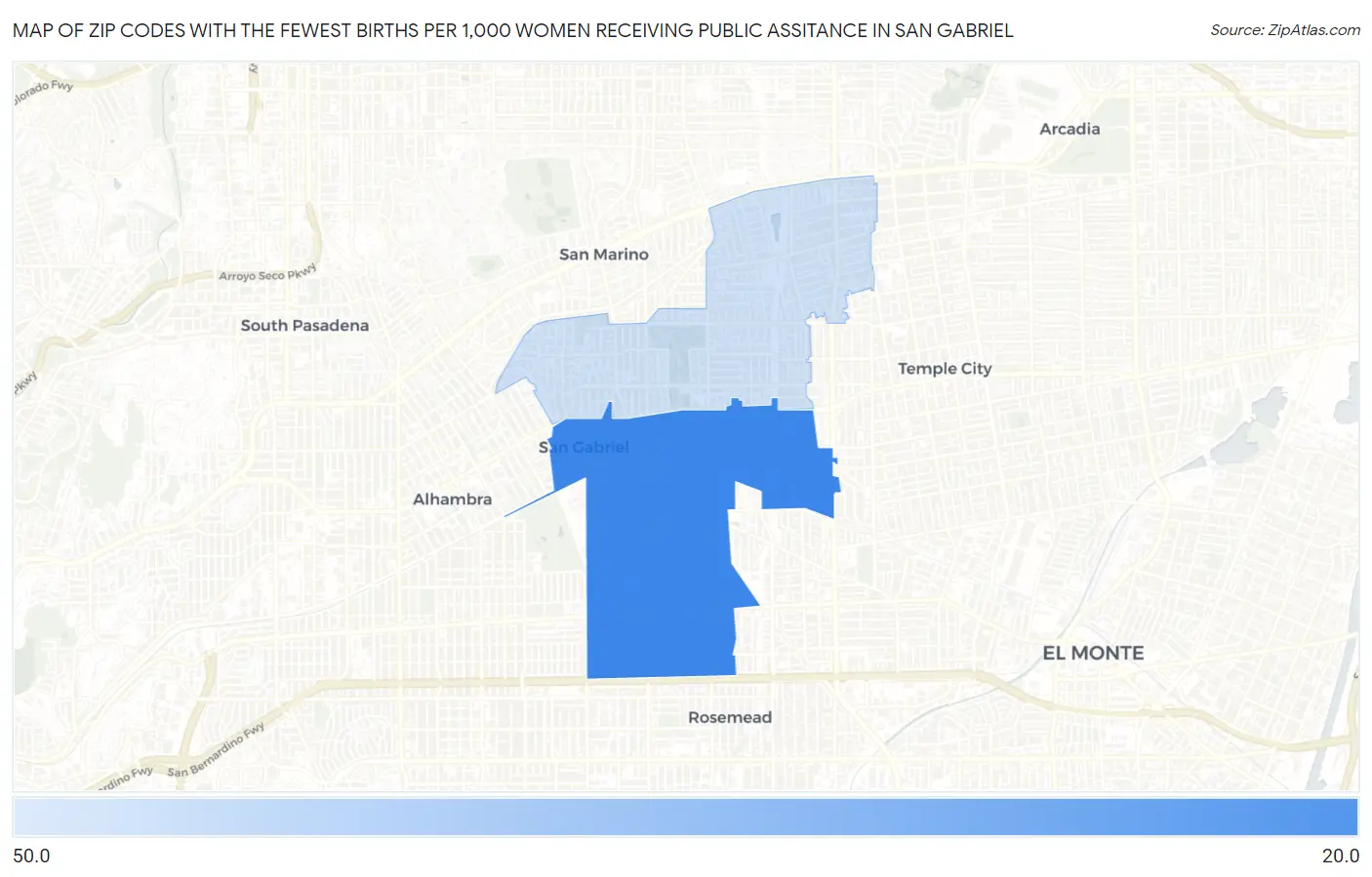 Zip Codes with the Fewest Births per 1,000 Women Receiving Public Assitance in San Gabriel Map