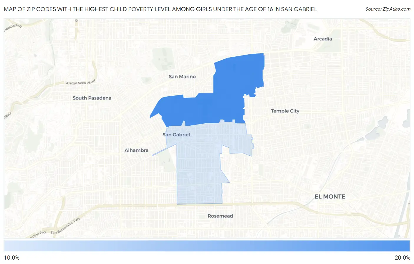 Zip Codes with the Highest Child Poverty Level Among Girls Under the Age of 16 in San Gabriel Map