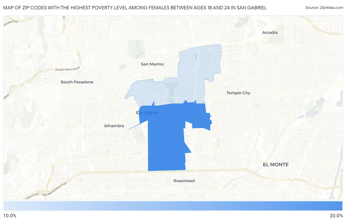 Zip Codes with the Highest Poverty Level Among Females Between Ages 18 and 24 in San Gabriel Map