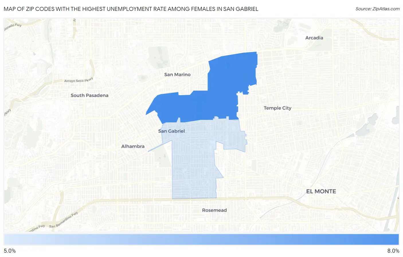 Zip Codes with the Highest Unemployment Rate Among Females in San Gabriel Map