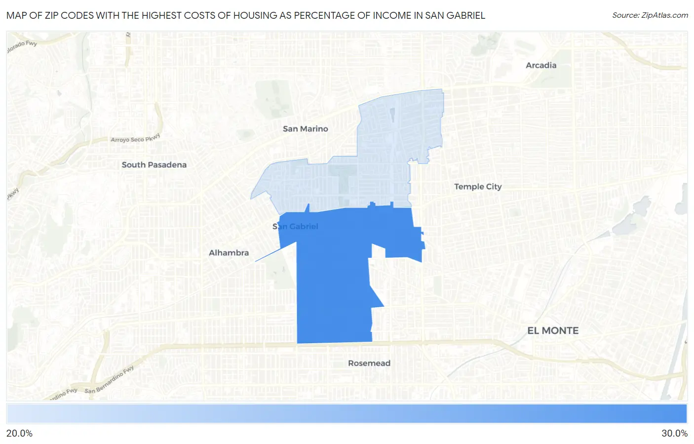Zip Codes with the Highest Costs of Housing as Percentage of Income in San Gabriel Map
