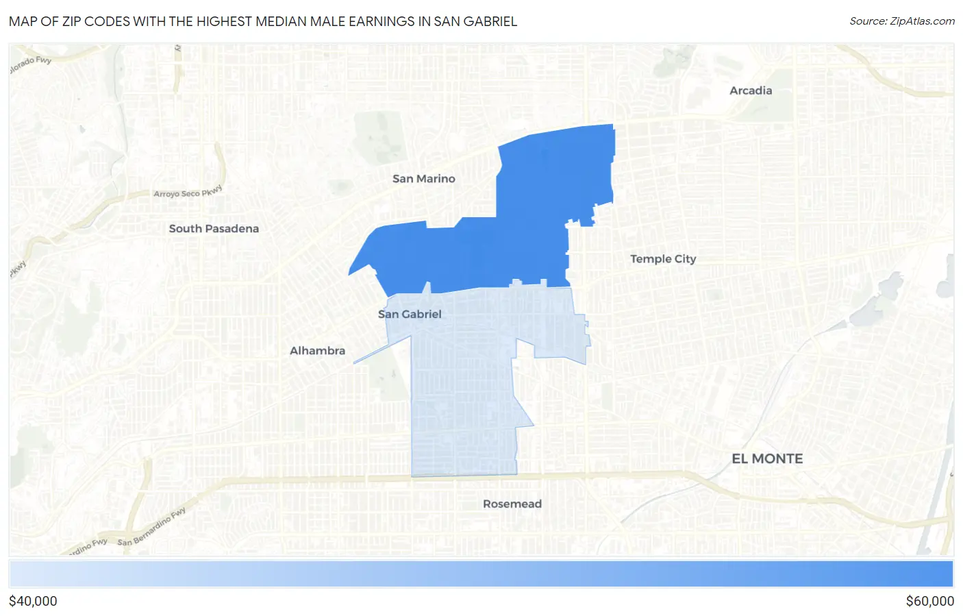 Zip Codes with the Highest Median Male Earnings in San Gabriel Map