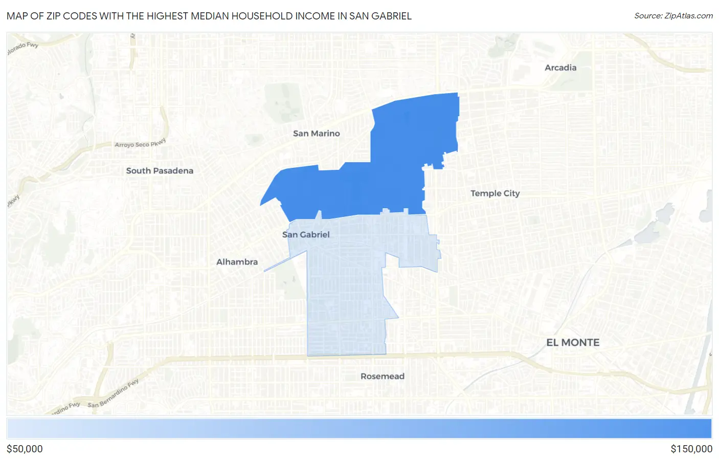 Zip Codes with the Highest Median Household Income in San Gabriel Map