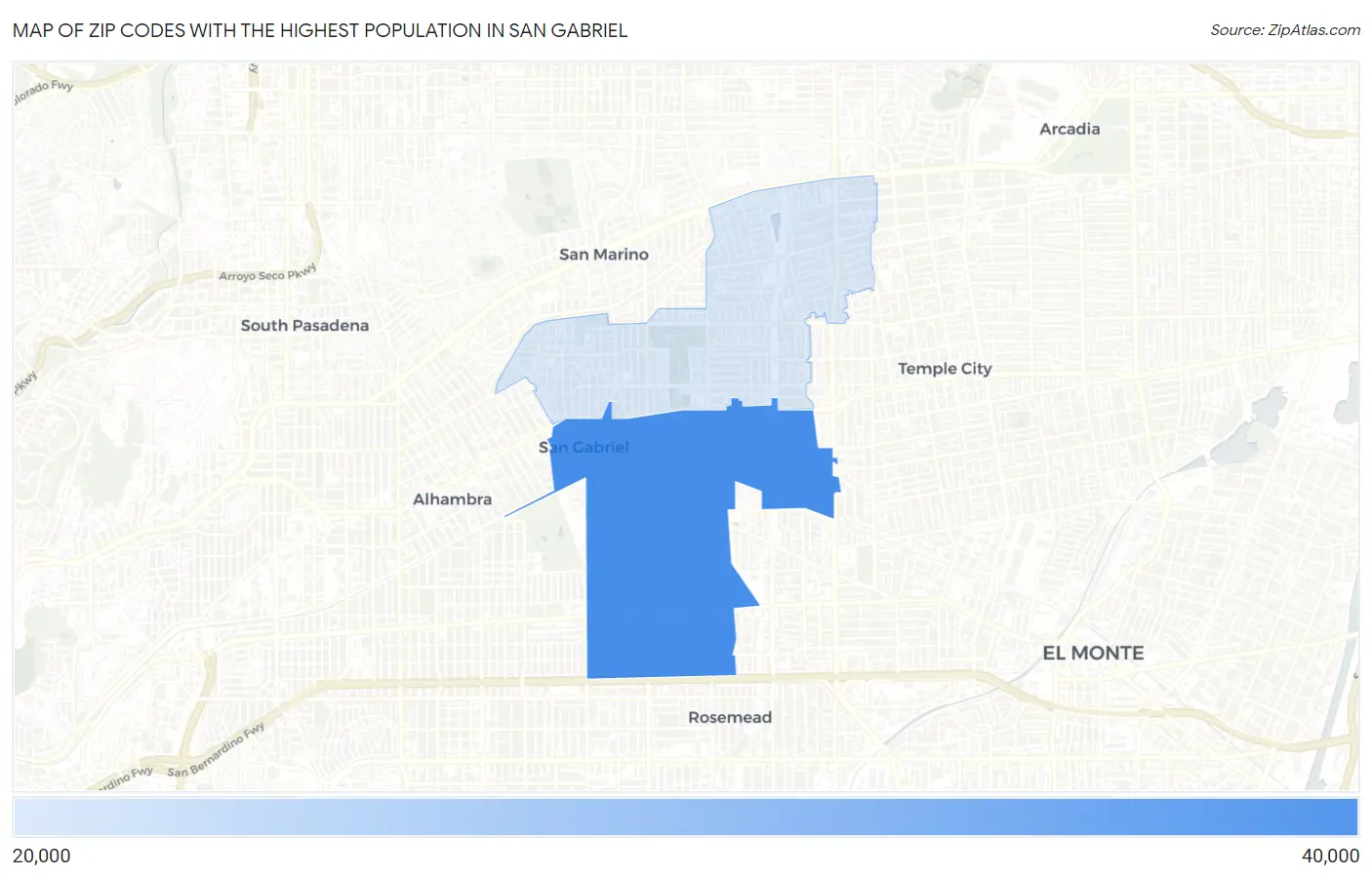Zip Codes with the Highest Population in San Gabriel Map