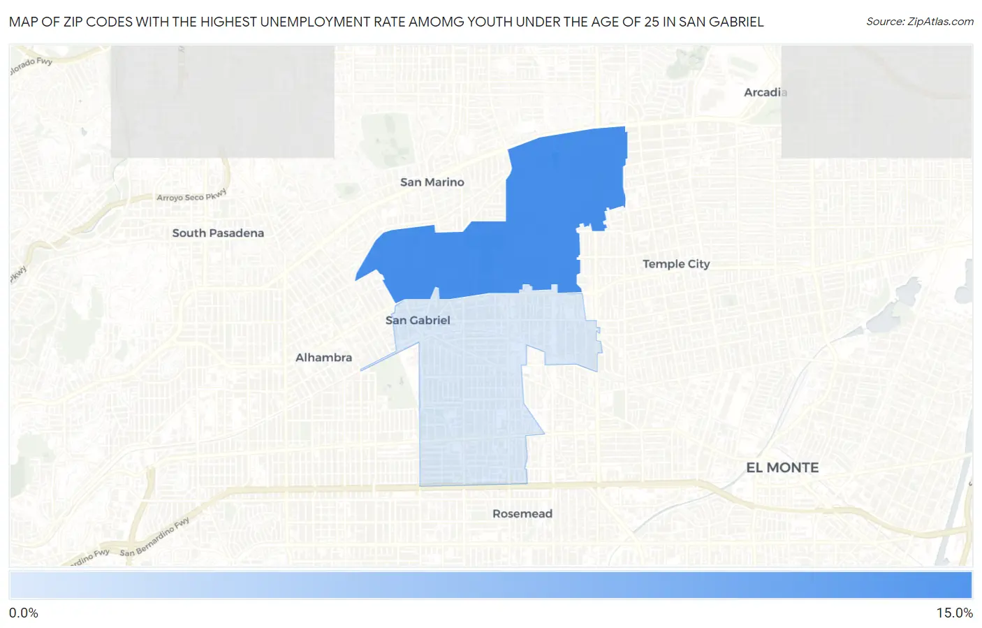 Zip Codes with the Highest Unemployment Rate Amomg Youth Under the Age of 25 in San Gabriel Map