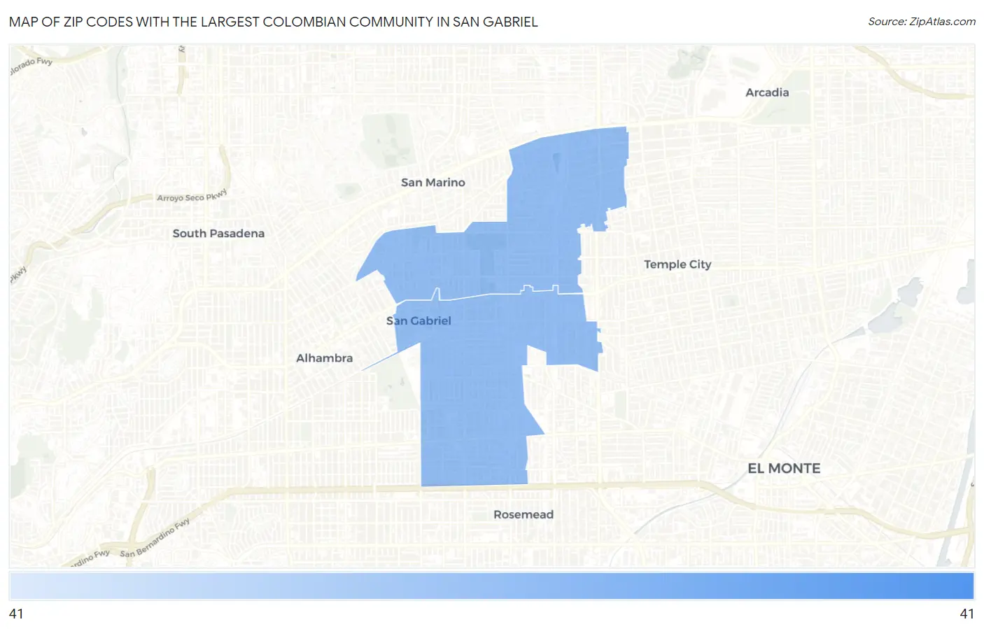 Zip Codes with the Largest Colombian Community in San Gabriel Map